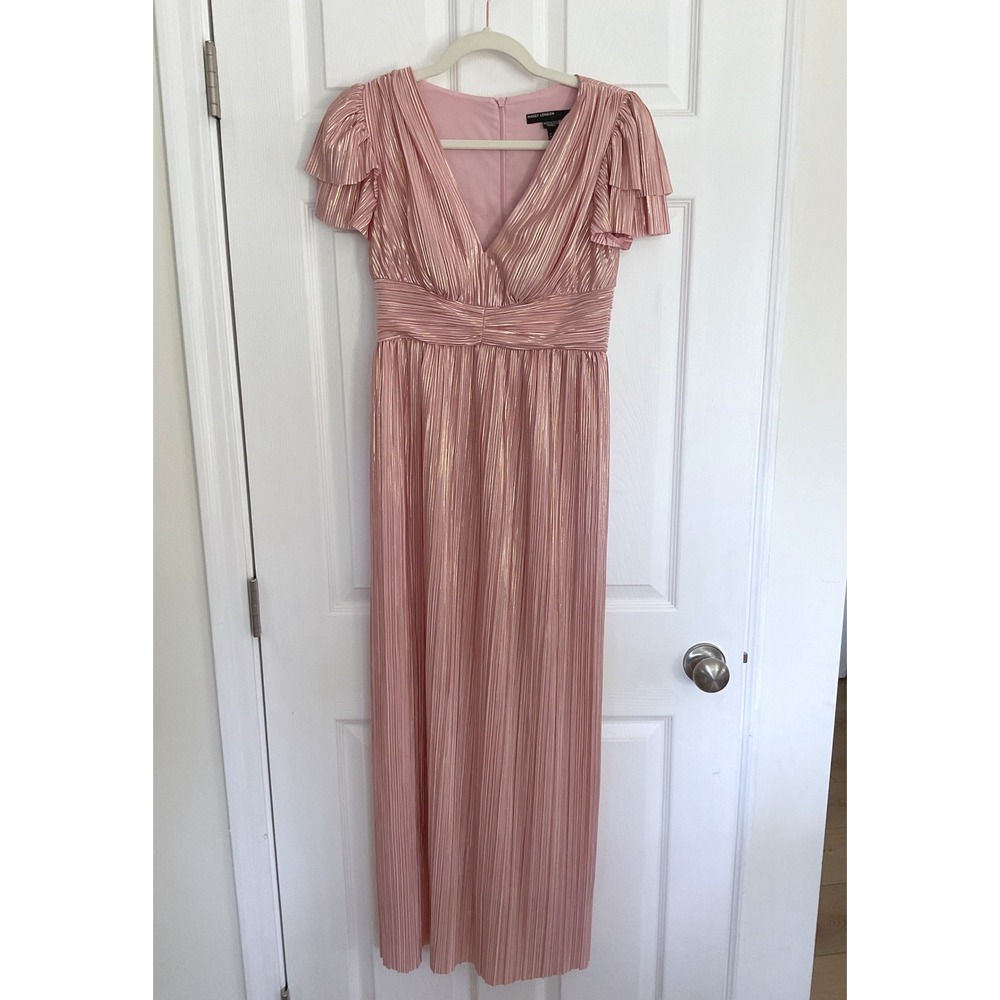 Maggy London Rose Gold Metallic Pleated Maxi Dress V-Neck Flutter‎ Sleeve Size 0